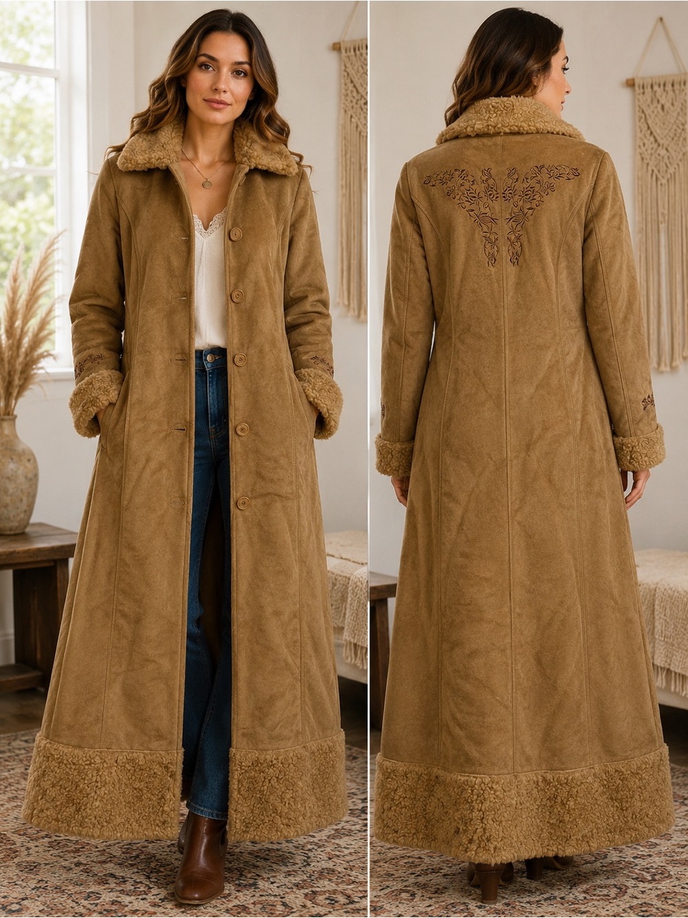 Vintage Bernardo Long Coat Size S Tan/Carmel Faux Shearling Sherpa Trim & More